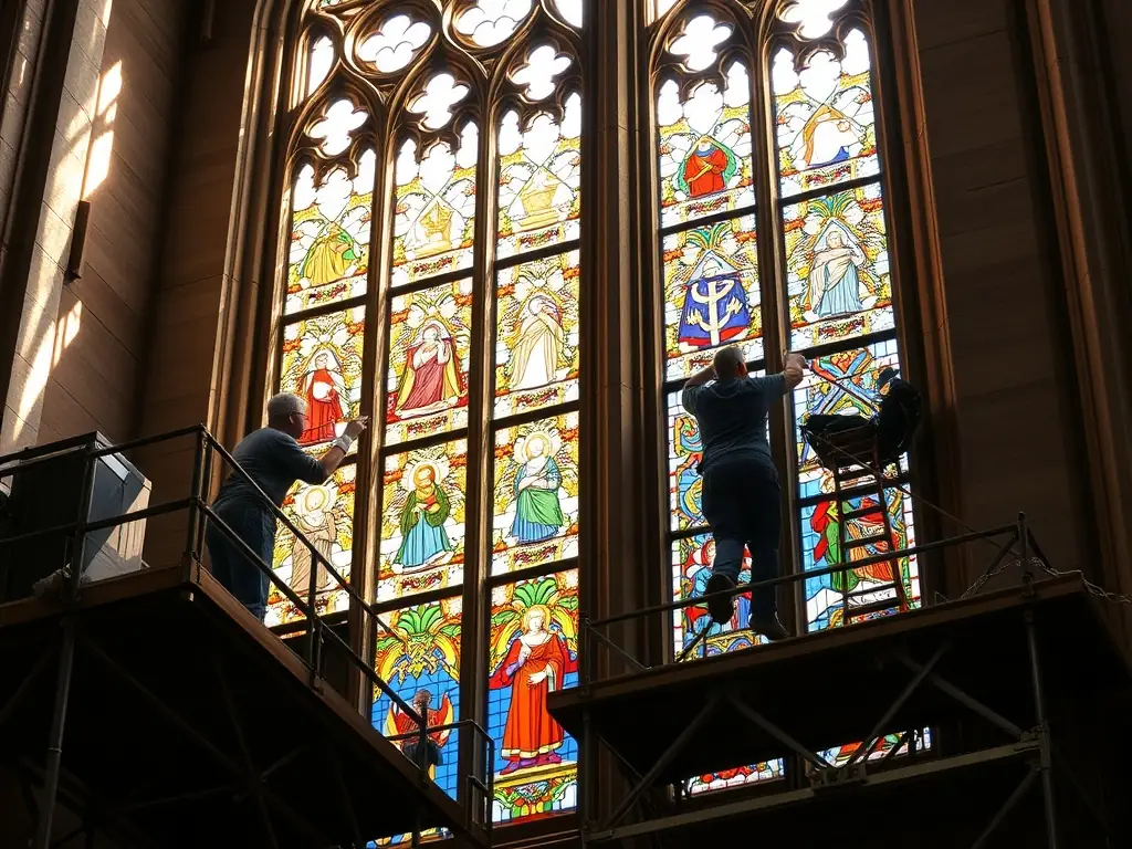 A photograph illustrating the architectural preservation efforts at the Notre Dame basilica, focusing on the restoration of stained glass windows and structural elements.