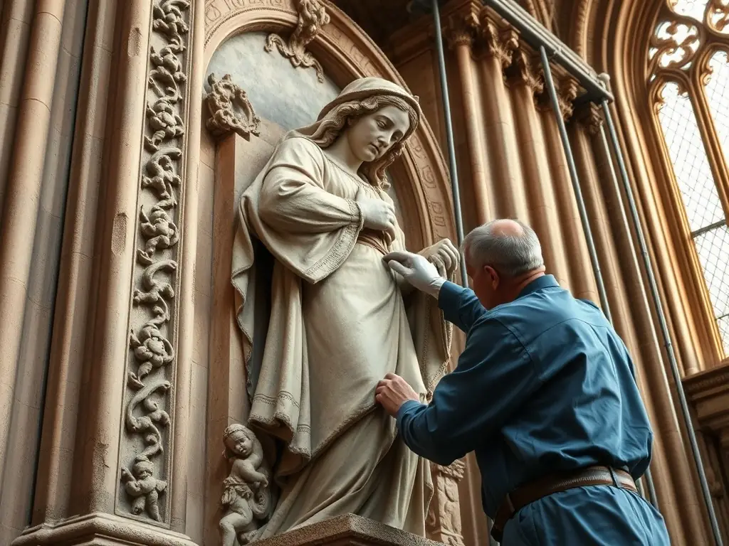 A photograph showcasing the meticulous restoration of a medieval sculpture within the Notre Dame basilica, highlighting the intricate detail and craftsmanship involved.