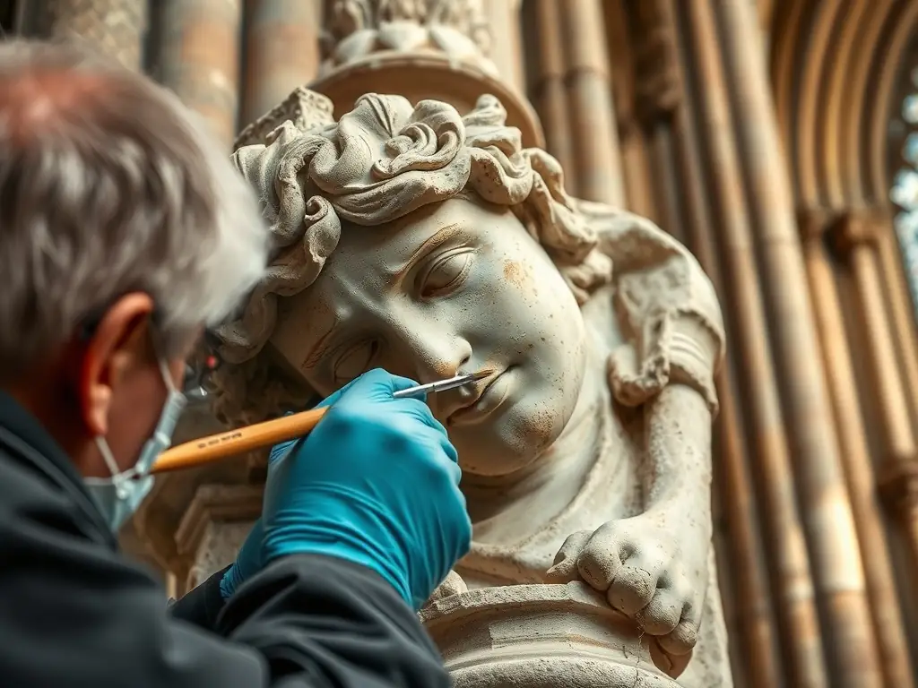 A detailed photograph showcasing the restoration of a damaged medieval sculpture within the basilica, highlighting the intricate work of the conservators.