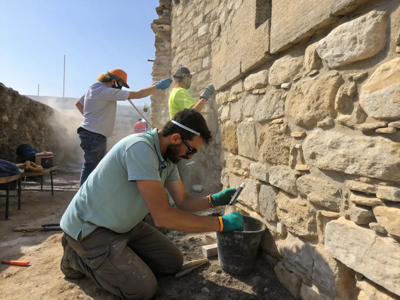 A photograph of conservators working on the restoration of a stained glass window, showcasing the vibrant colors and intricate details being preserved.