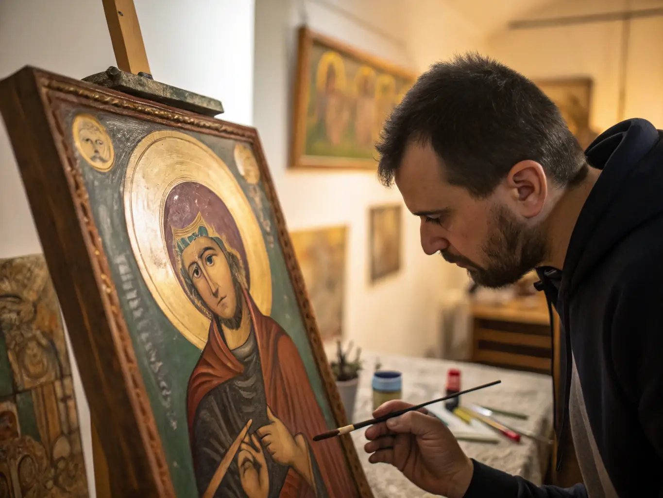 A photograph depicting the meticulous restoration of a historical painting within the basilica, showcasing conservators at work with delicate tools and techniques.