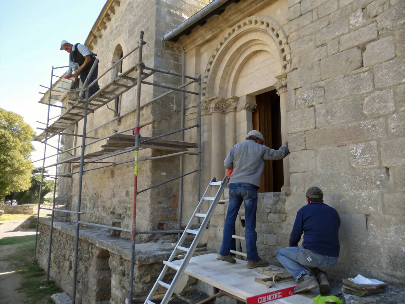A photograph illustrating the architectural preservation efforts on the basilica, showing skilled craftsmen repairing and reinforcing the structure to maintain its historical integrity.