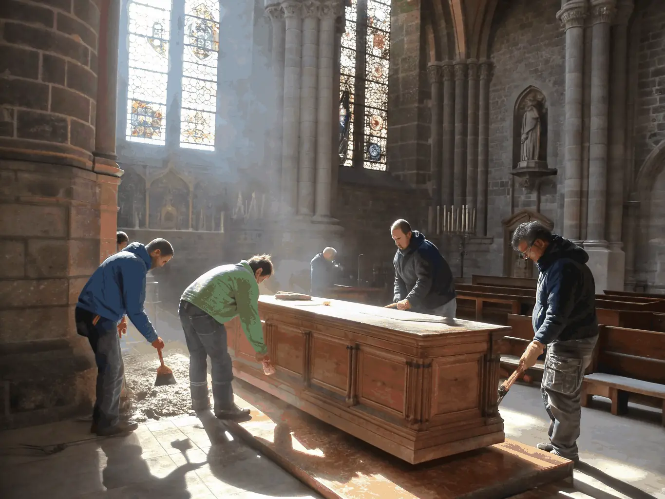 A photograph depicting a group of volunteers participating in a heritage education program at the Notre Dame basilica, engaging with historical artifacts and learning about conservation techniques.